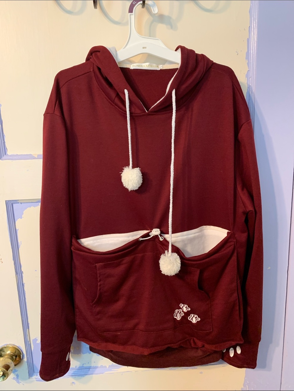 Cozy Cat Maroon Hoodie Sweater with Pom-Pom Drawstrings with Cat Front Pocket!